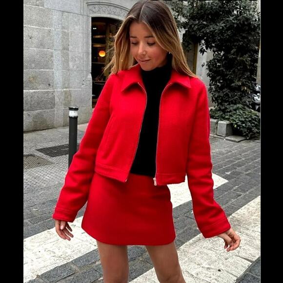 ZARA Red Wool-Blend Cropped Jacket NWT | Structured Collar Coat - Picture 14 of 16